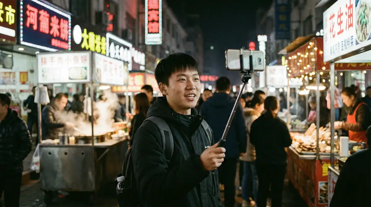年轻人在夜市中用手机自拍记录街头生活