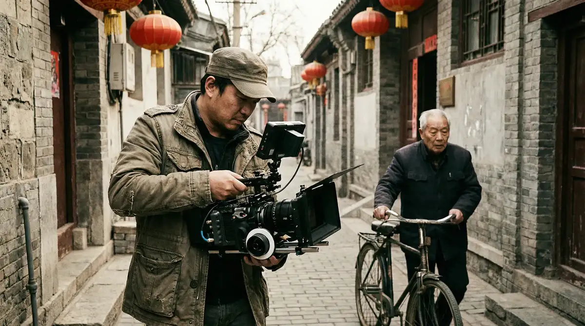 独立纪录片导演赵铁柱在胡同中工作的纪实画面